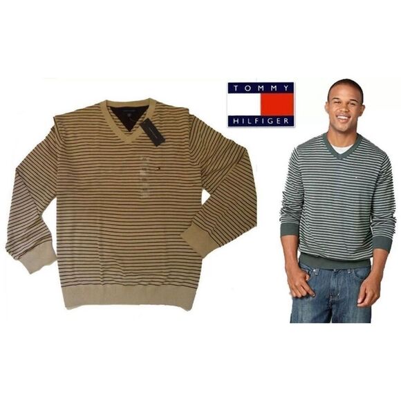 NWT Vintage Y2K Tommy Hilfiger Beige Black Striped V Neck Men’s Sweater Rare!!! - Picture 1 of 6